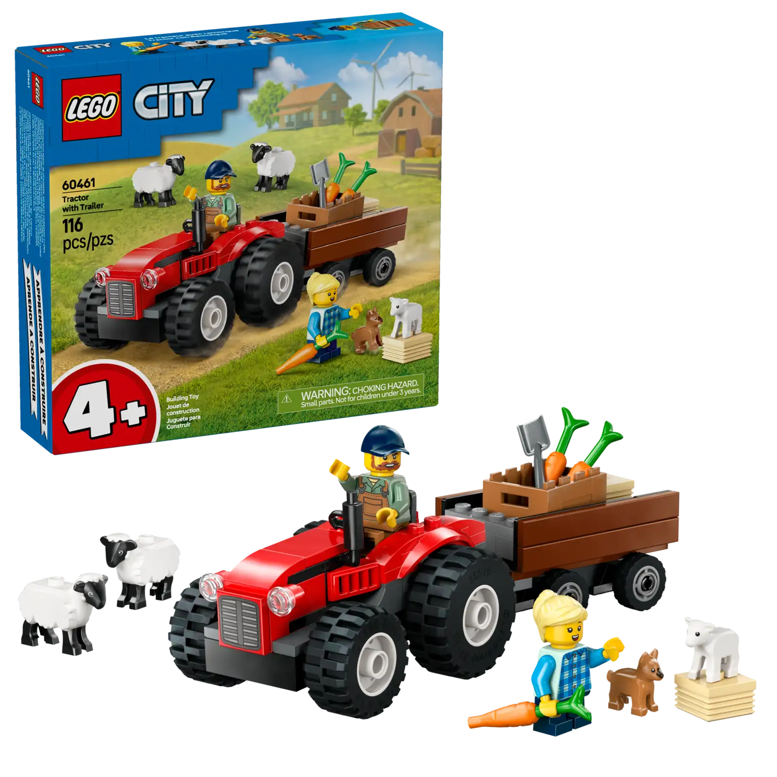 60461 Red Farm Tractor with Trailer & Sheep