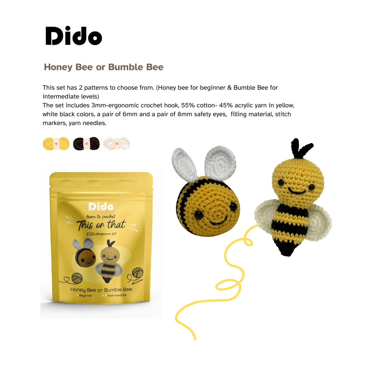 DIY Amigurumi Kit Honey Bee or Bumble Bee