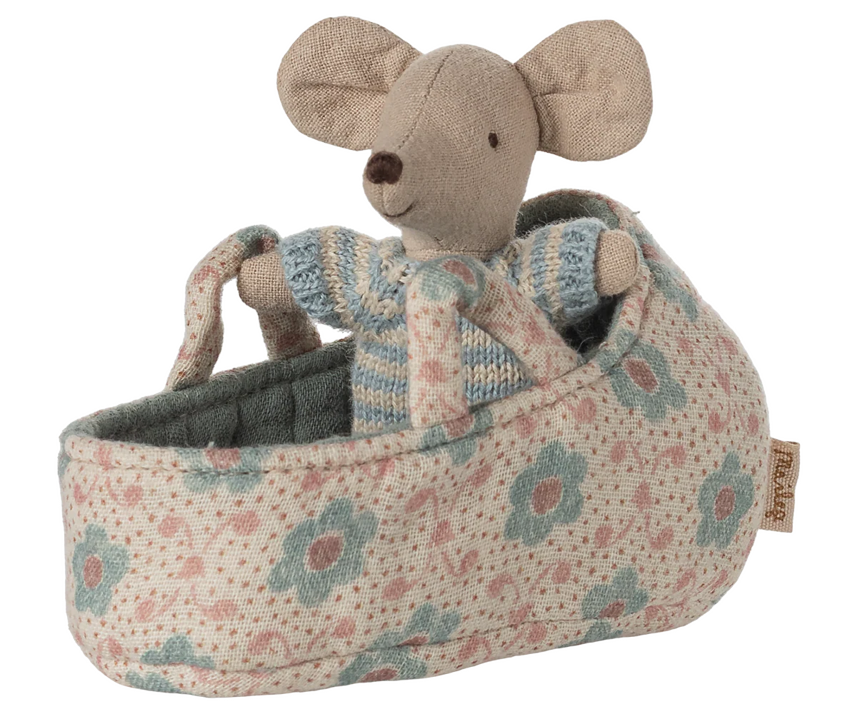 Maileg Blue Baby Mouse in Carry Cot