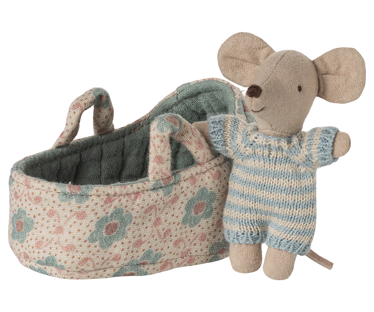 Maileg Blue Baby Mouse in Carry Cot