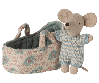 Maileg Blue Baby Mouse in Carry Cot