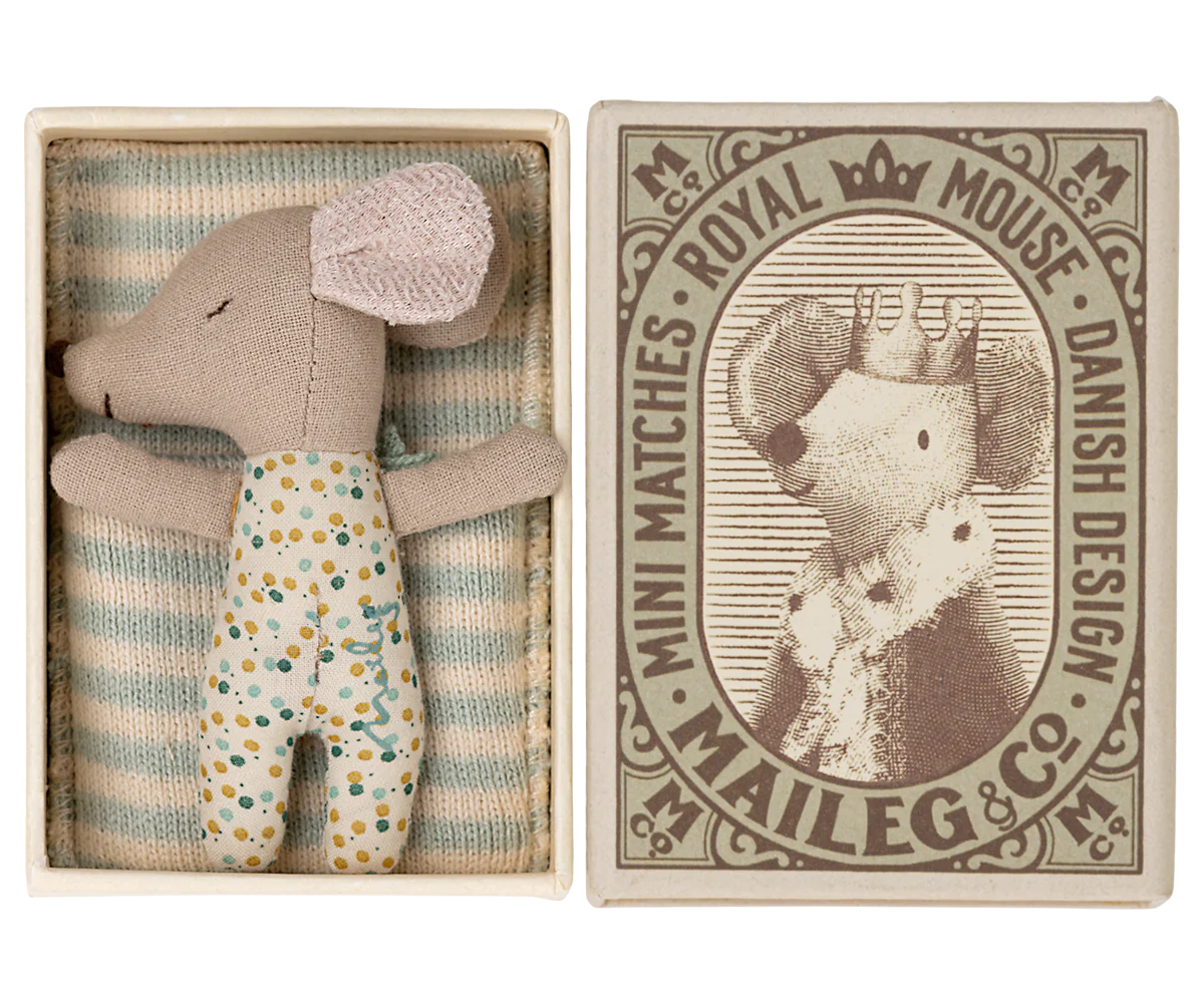 Maileg Blue Sleepy Wakey Baby Mouse in Matchbox