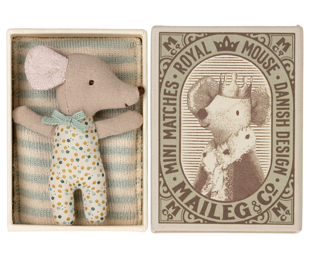 Maileg Blue Sleepy Wakey Baby Mouse in Matchbox