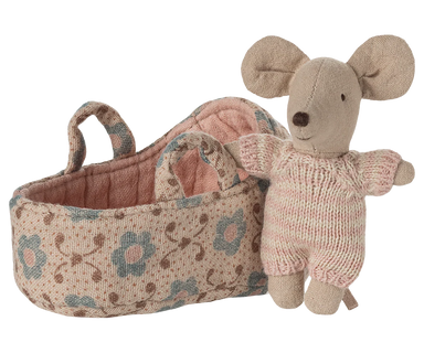 Maileg Rose Baby Mouse in Carry Cot