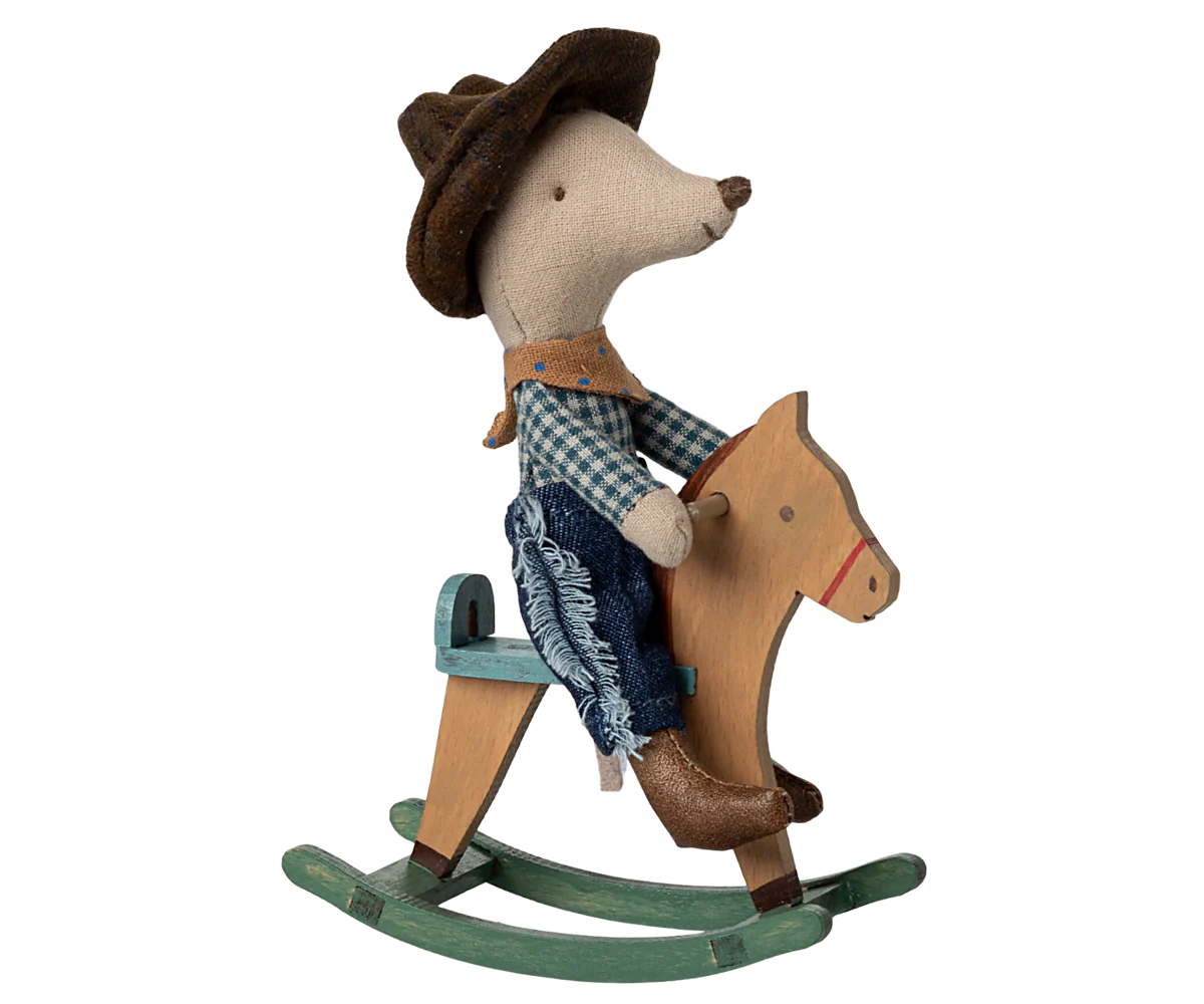 Maileg Little Brother Cowboy Mouse on Rocking Horse