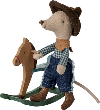 Maileg Little Brother Cowboy Mouse on Rocking Horse