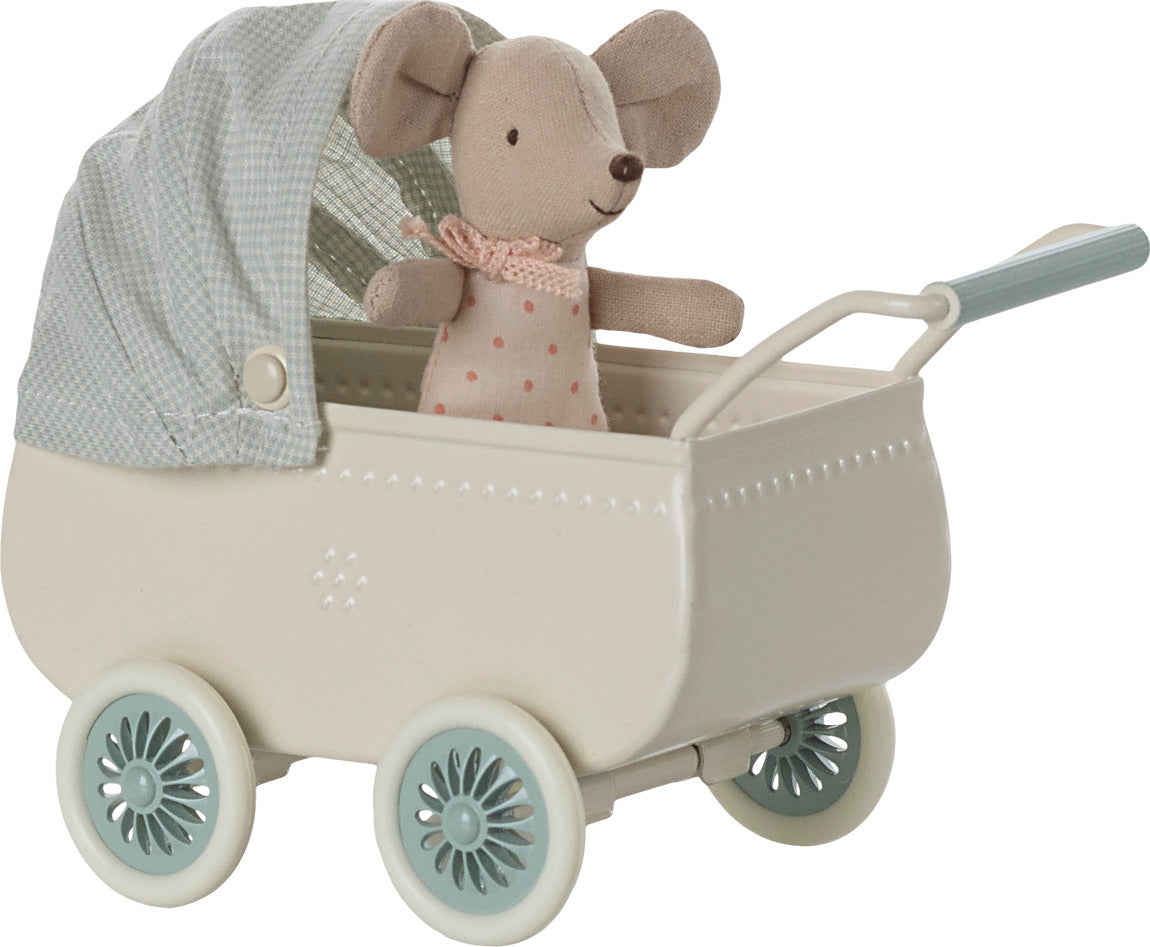 Maileg Pram with Baby Mouse in Mint