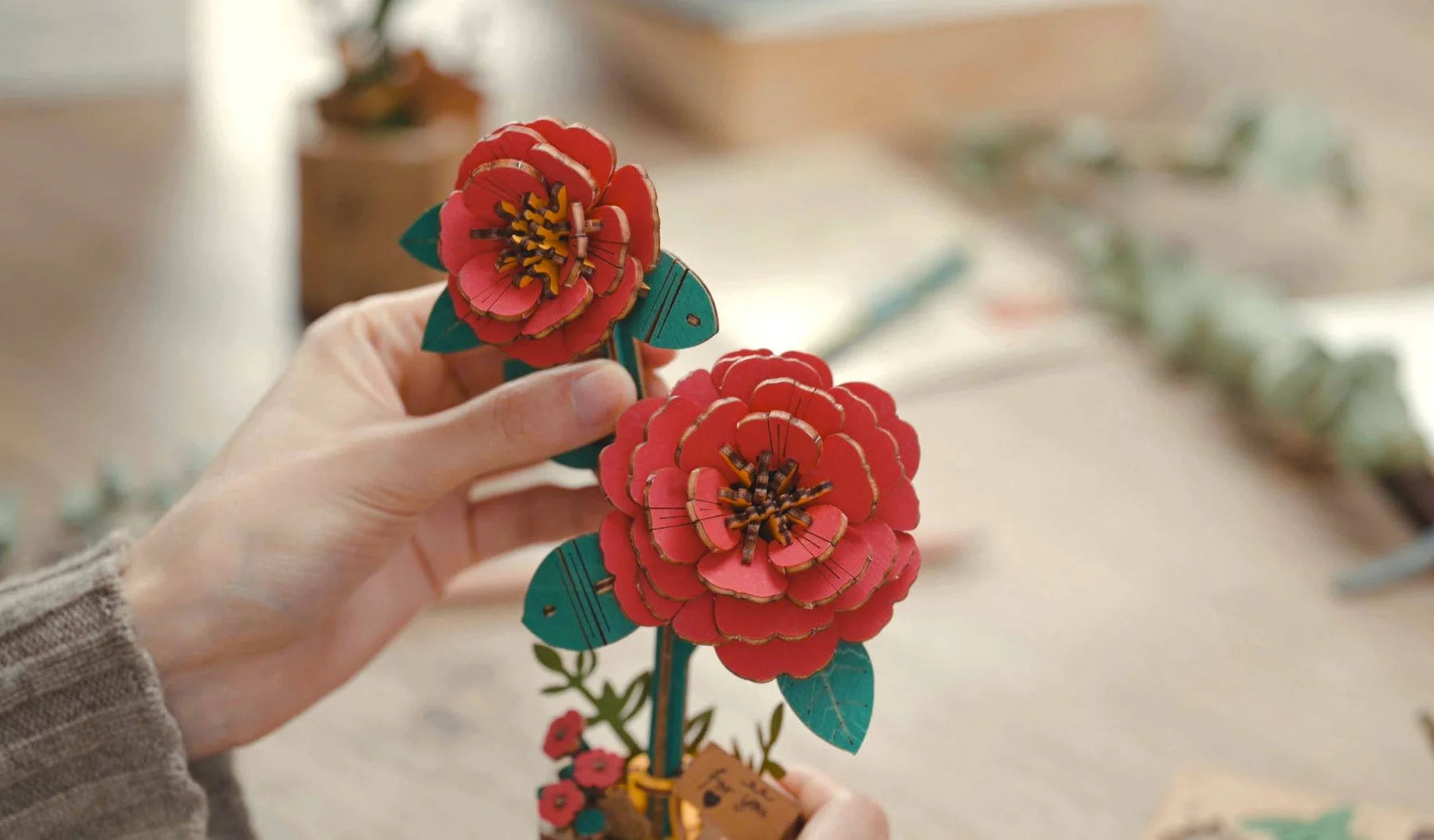 Red Camelia Wooden Puzzle Craft Kit