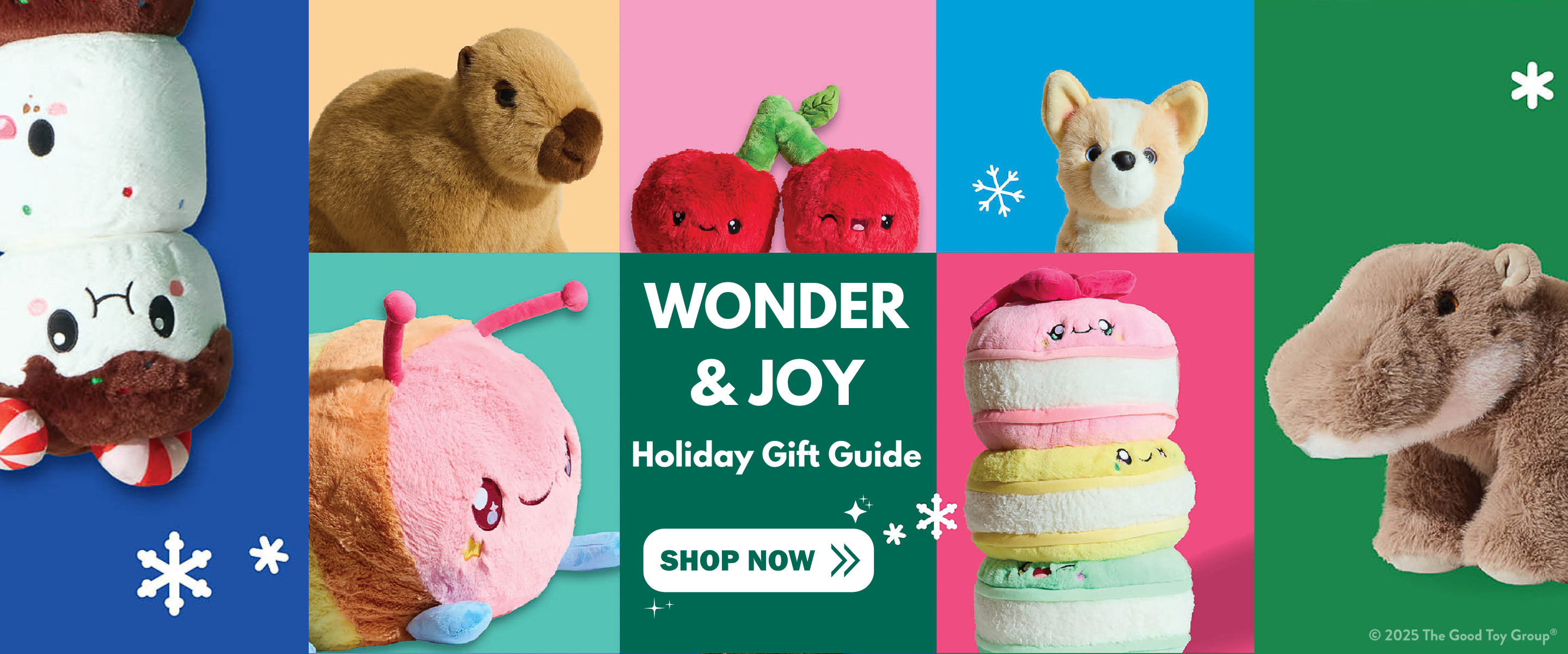 Collage of various plush toys with a 'Wonder & Joy' holiday gift guide banner.