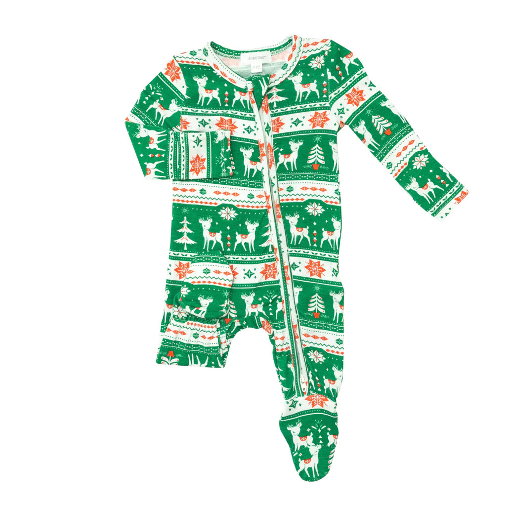 2 Way Zipper Footie Vintage Deer Fair Isle Jolly Green 0-3M